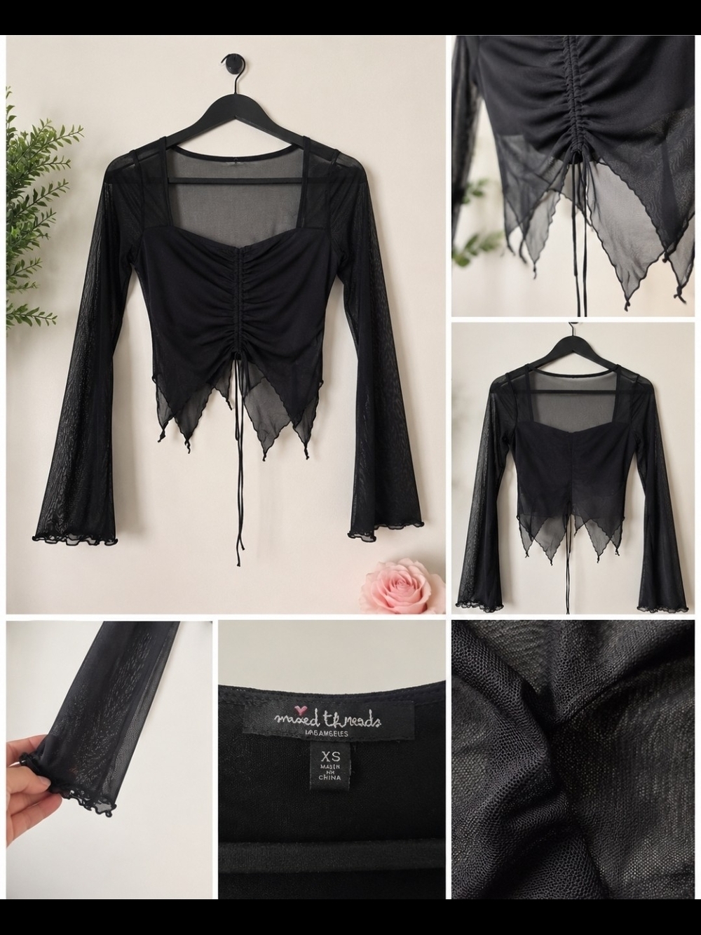 Black Ruched Mesh Long-Sleeve Blouse